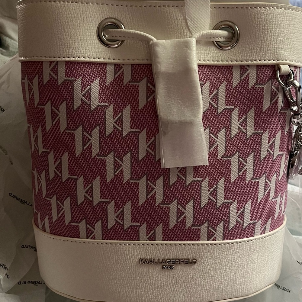 Karl Lagerfeld Pink and White Logo Bucket Bag